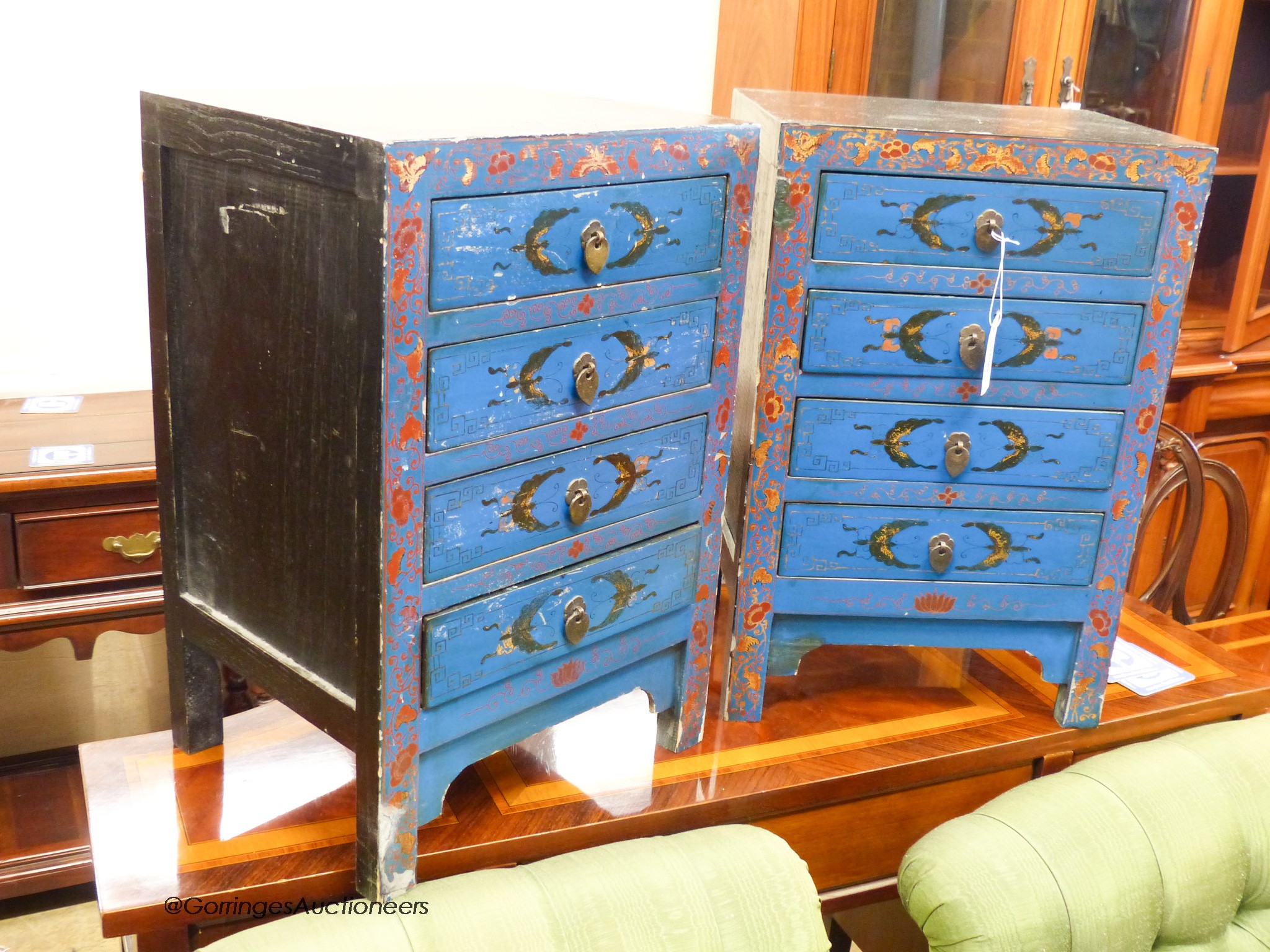 A pair of Chinese painted bed side chests. W-40, D-32, H-60cm.